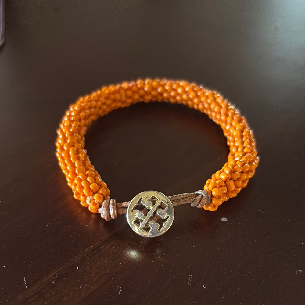 Tory Burch Gold and Orange Beaded Bracelet with Textured Design  authentic